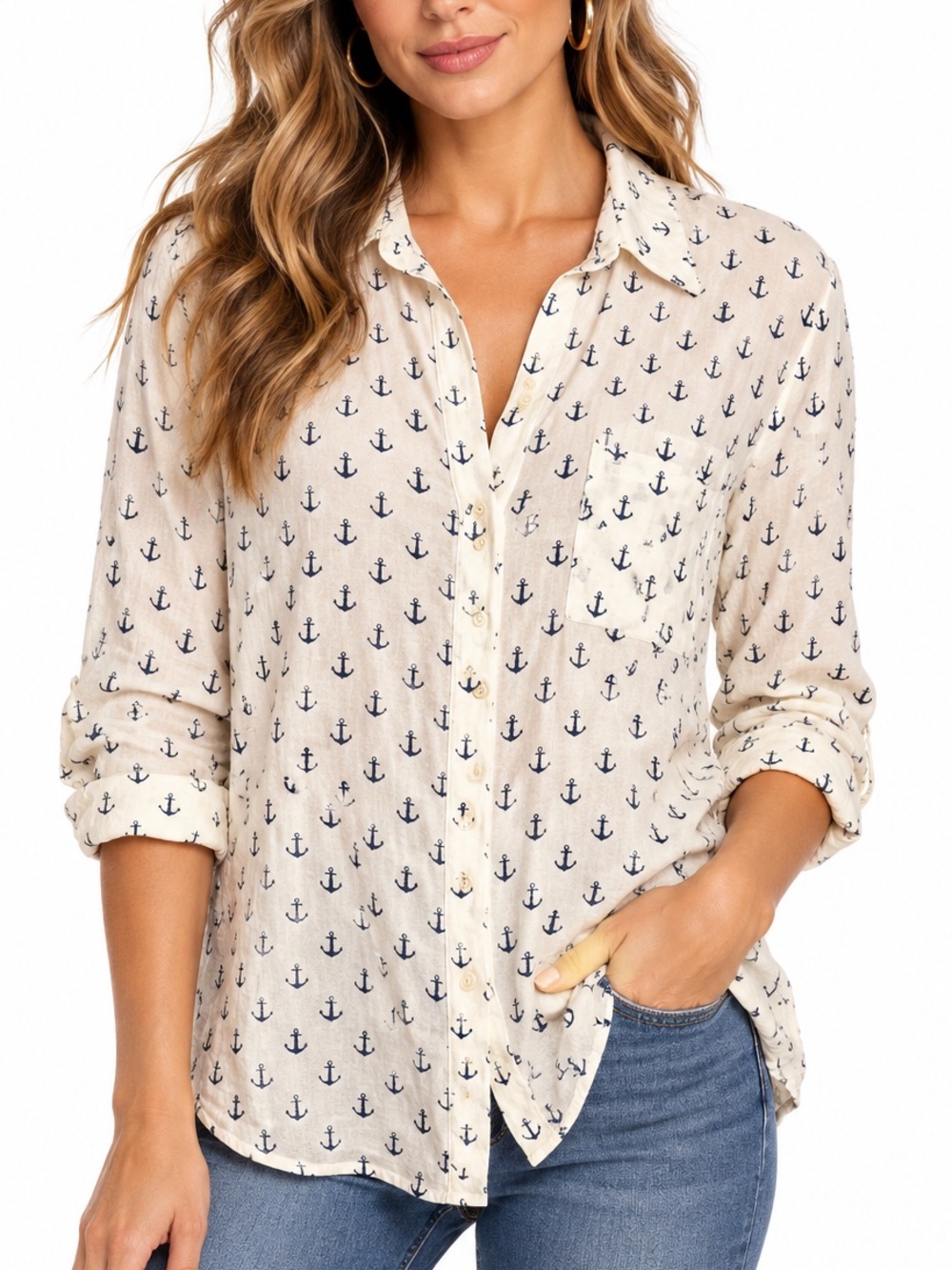 George Cream Button-Down Shirt with Navy Anchor Print XL